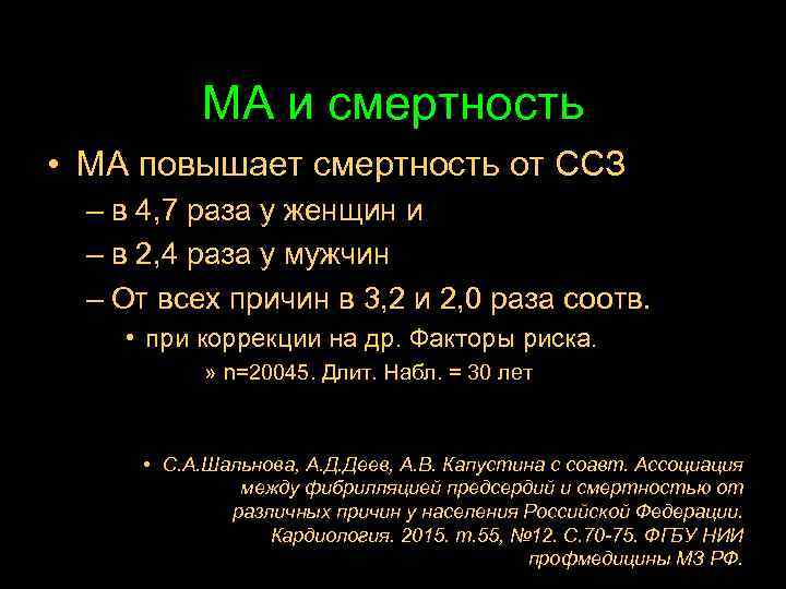 МА и смертность • МА повышает смертность от ССЗ – в 4, 7 раза
