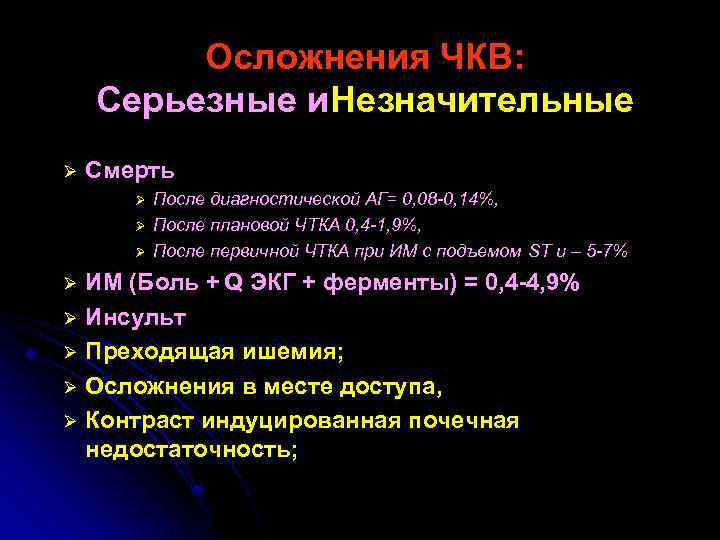 Осложнения ЧКВ: Серьезные и Незначительные Ø Смерть Ø Ø Ø Ø После диагностической АГ=