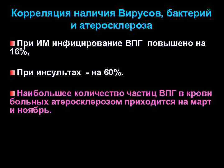 Корреляция наличия Вирусов, бактерий и атеросклероза При ИМ инфицирование ВПГ повышено на 16%, При