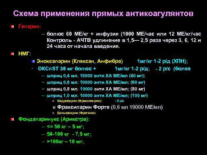 Схема применения прямых антикоагулянтов Гепарин: – болюс 60 МЕ/кг + инфузия (1000 МЕ/час или