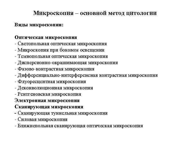 Микроскопия – основной метод цитологии Виды микроскопии: Оптическая микроскопия - Светопольная оптическая микроскопия -