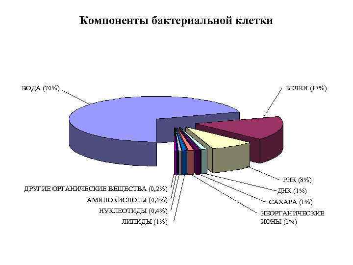 Компоненты бактериальной клетки ВОДА (70%) БЕЛКИ (17%) РНК (8%) ДРУГИЕ ОРГАНИЧЕСКИЕ ВЕЩЕСТВА (0, 2%)