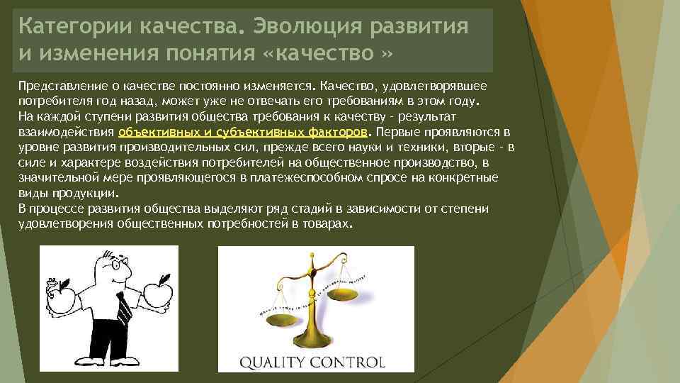 Категории качества. Эволюция развития и изменения понятия «качество » Представление о качестве постоянно изменяется.