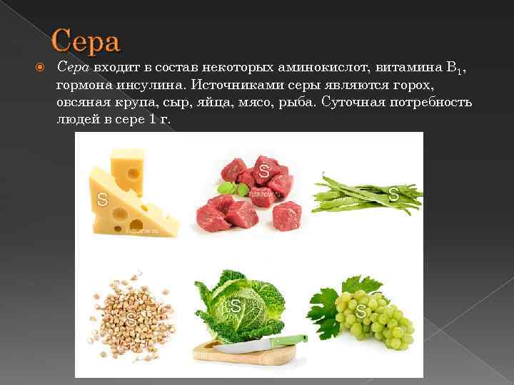Сера входит в состав некоторых аминокислот, витамина В 1, гормона инсулина. Источниками серы являются