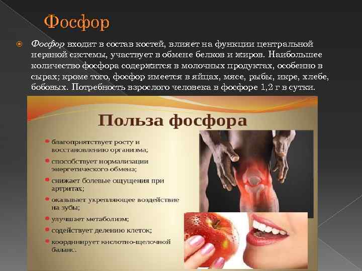 Фосфор входит в состав костей, влияет на функции центральной нервной системы, участвует в обмене