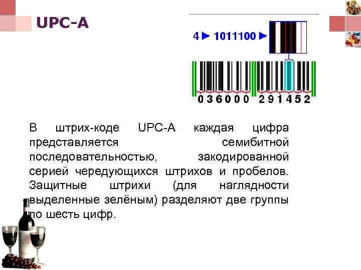 UPC-A В штрих-коде UPC-A каждая цифра представляется семибитной последовательностью, закодированной серией чередующихся штрихов и