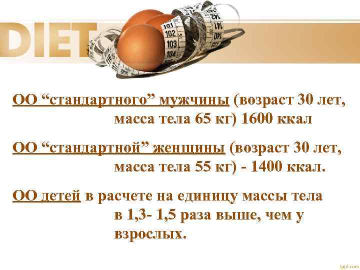 ОО “стандартного” мужчины (возраст 30 лет, масса тела 65 кг) 1600 ккал ОО “стандартной”