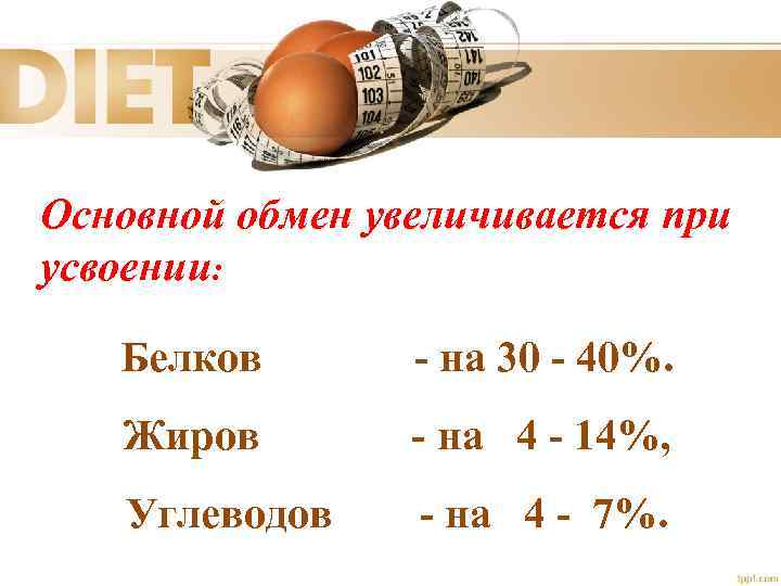 Основной обмен увеличивается при усвоении: Белков - на 30 - 40%. Жиров - на