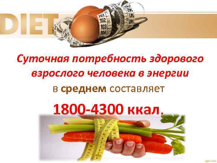 Суточная потребность здорового взрослого человека в энергии в среднем составляет 1800 -4300 ккал. 