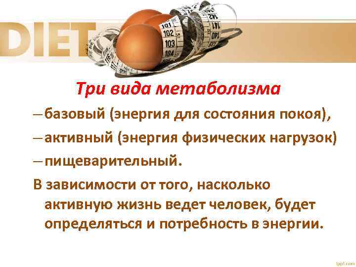 Три вида метаболизма – базовый (энергия для состояния покоя), – активный (энергия физических нагрузок)