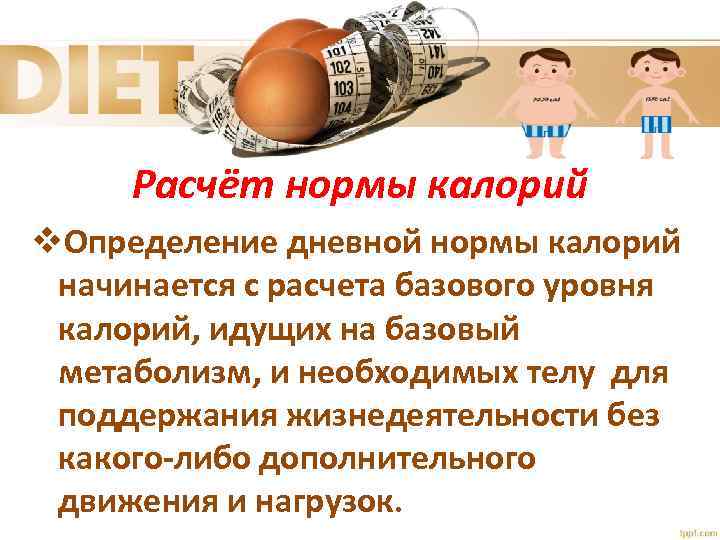 Расчёт нормы калорий v. Определение дневной нормы калорий начинается с расчета базового уровня калорий,