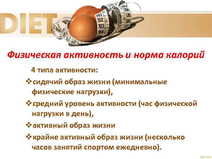 Физическая активность и норма калорий 4 типа активности: vсидячий образ жизни (минимальные физические нагрузки),