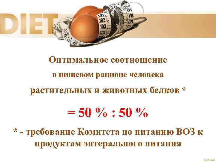 Оптимальное соотношение в пищевом рационе человека растительных и животных белков * = 50 %