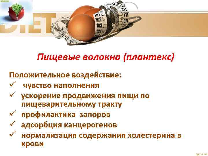 Пищевые волокна (плантекс) Положительное воздействие: ü чувство наполнения ü ускорение продвижения пищи по пищеварительному