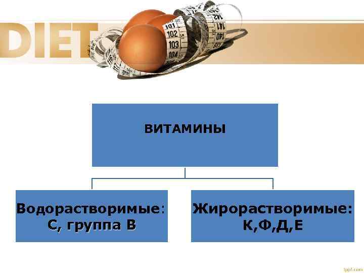 ВИТАМИНЫ Водорастворимые: С, группа В Жирорастворимые: К, Ф, Д, Е 
