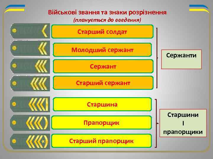 Військові звання та знаки розрізнення (планується до введення) Старший солдат Молодший сержант Сержанти Сержант