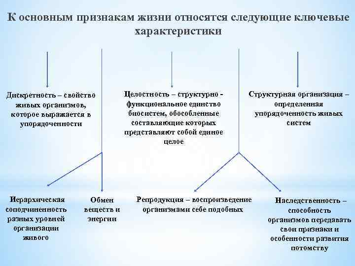 К основным признакам жизни относятся следующие ключевые характеристики Дискретность – свойство живых организмов, которое