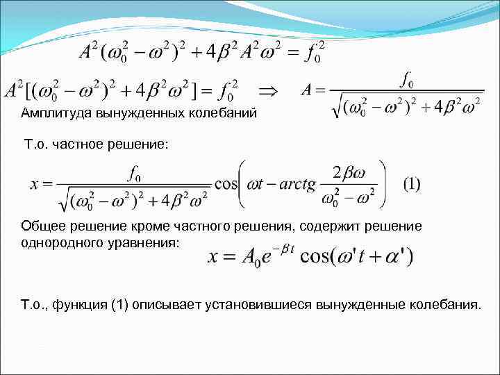 Амплитуда вынужденных колебаний Т. о. частное решение: Общее решение кроме частного решения, содержит решение