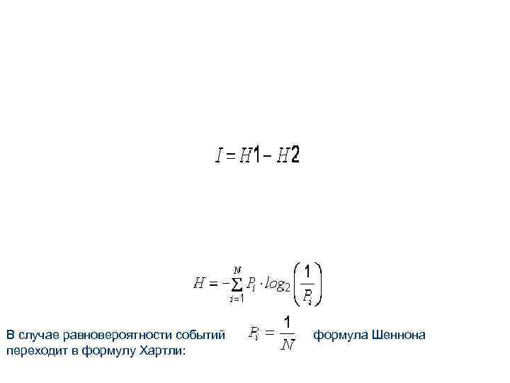 В случае равновероятности событий формула Шеннона переходит в формулу Хартли: 