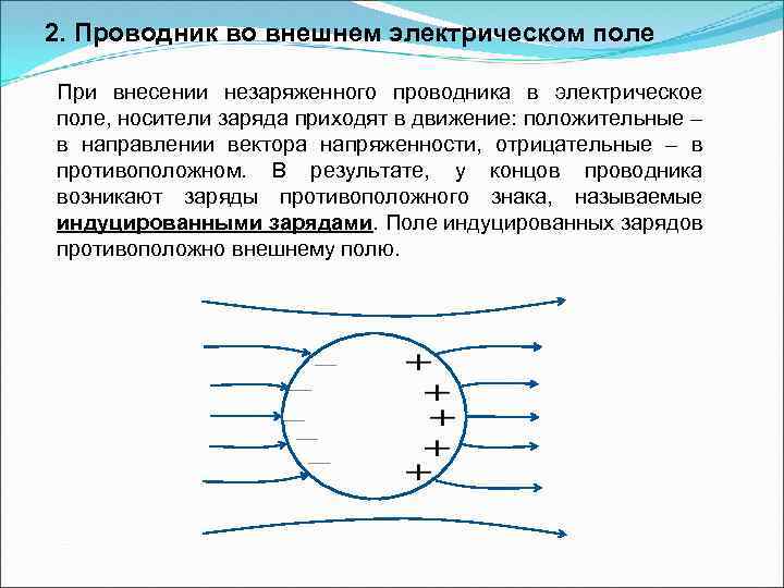 2. Проводник во внешнем электрическом поле При внесении незаряженного проводника в электрическое поле, носители
