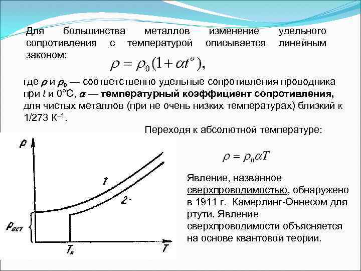 Для большинства металлов сопротивления с температурой законом: изменение описывается удельного линейным где и 0