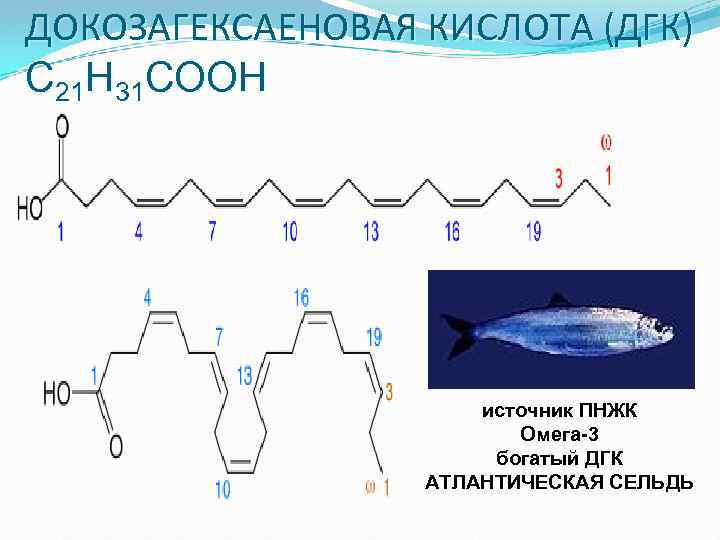 ДОКОЗАГЕКСАЕНОВАЯ КИСЛОТА (ДГК) С 21 Н 31 СООН источник ПНЖК Омега-3 богатый ДГК АТЛАНТИЧЕСКАЯ