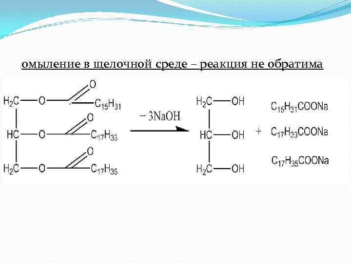 омыление в щелочной среде – реакция не обратима 