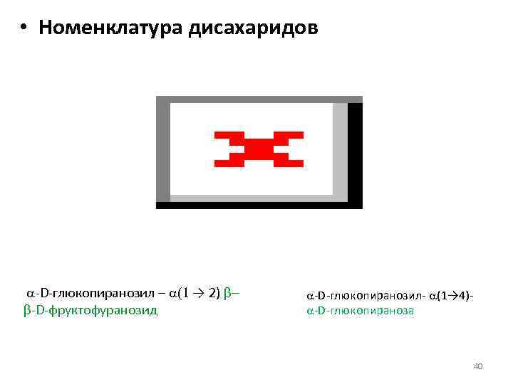  • Номенклатура дисахаридов a-D-глюкопиранозил – a(1 → 2) bb-D-фруктофуранозид a-D-глюкопиранозил- a(1→ 4)a-D-глюкопираноза 40