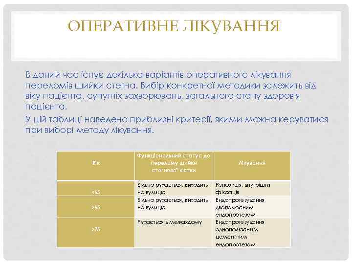 ОПЕРАТИВНЕ ЛІКУВАННЯ В даний час існує декілька варіантів оперативного лікування переломів шийки стегна. Вибір