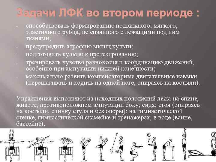 Задачи ЛФК во втором периоде : - - способствовать формированию подвижного, мягкого, эластичного рубца,