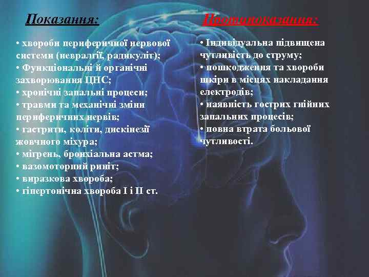 Показання: • хвороби периферичної нервової системи (невралгії, радикуліт); • Функціональні й органічні захворювання ЦНС;