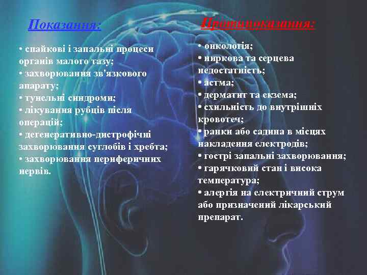 Показання: • спайкові і запальні процеси органів малого тазу; • захворювання зв'язкового апарату; •