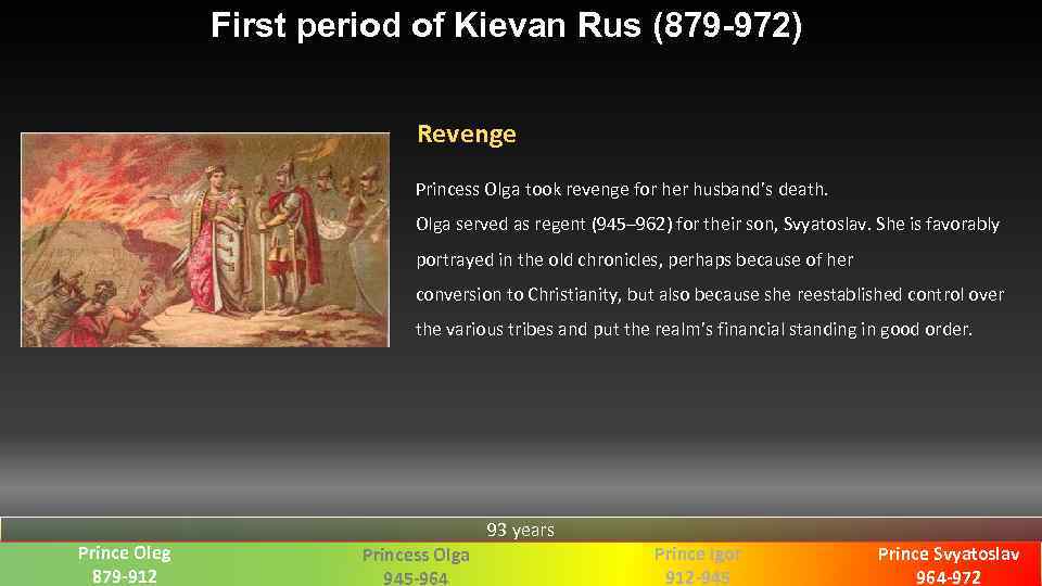 First period of Kievan Rus (879 -972) Revenge Princess Olga took revenge for her