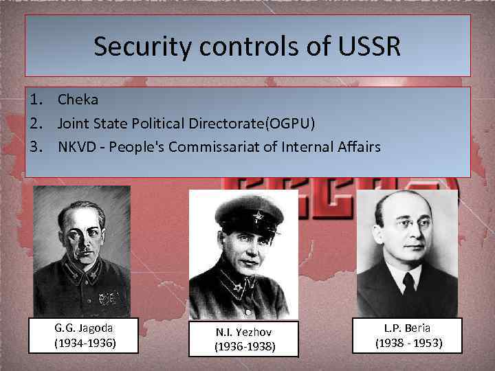 Security controls of USSR 1. Cheka 2. Joint State Political Directorate(OGPU) 3. NKVD -