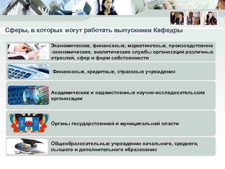 Сферы, в которых могут работать выпускники Кафедры Экономические, финансовые, маркетинговые, производственно -экономические, аналитические службы