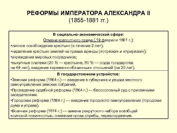 РЕФОРМЫ ИМПЕРАТОРА АЛЕКСАНДРА II (1855 -1881 гг. ) В социально-экономической сфере: Отмена крепостного права