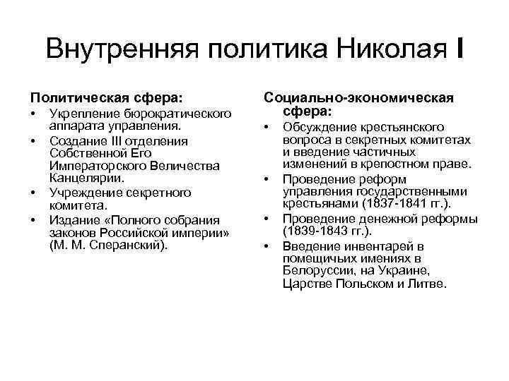 Внутренняя политика Николая I Политическая сфера: • • Укрепление бюрократического аппарата управления. Создание III