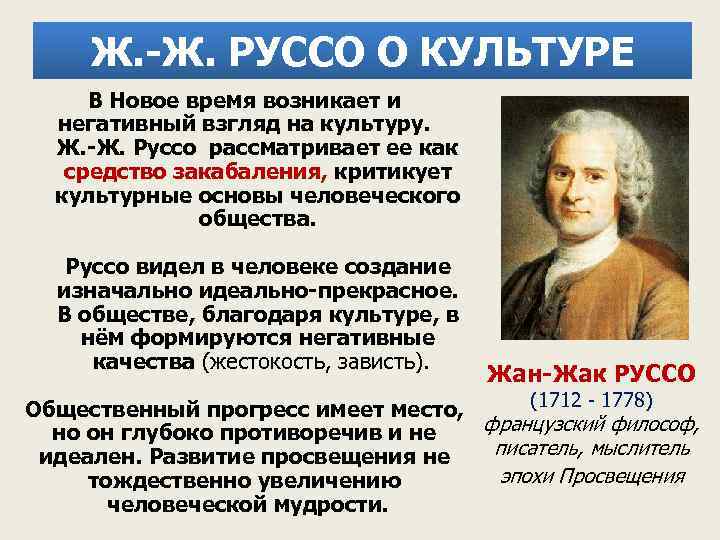 Ж. Ж. РУССО О КУЛЬТУРЕ В Новое время возникает и негативный взгляд на культуру.