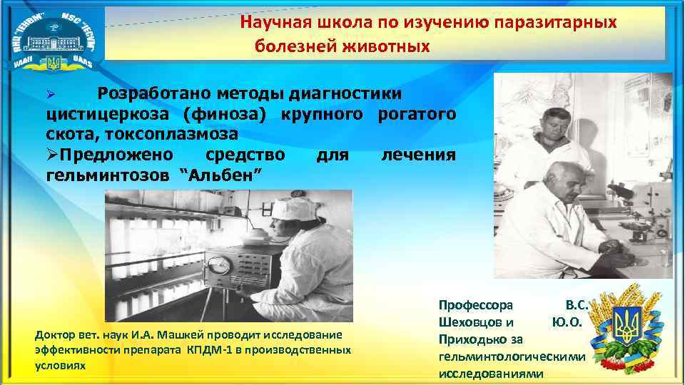 Научная школа по изучению паразитарных болезней животных Розработано методы диагностики цистицеркоза (финоза) крупного рогатого