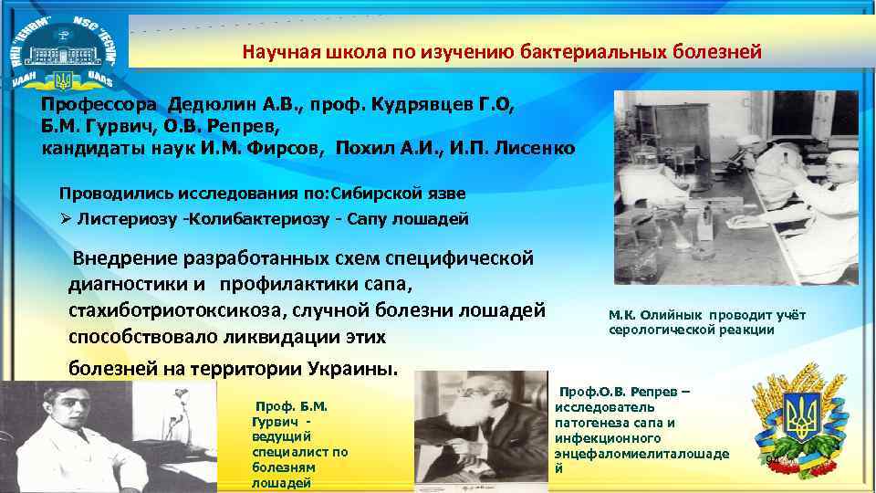 Научная школа по изучению бактериальных болезней Профессора Дедюлин А. В. , проф. Кудрявцев Г.