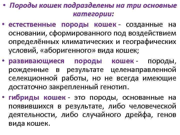  • Породы кошек подразделены на три основные категории: • естественные породы кошек -