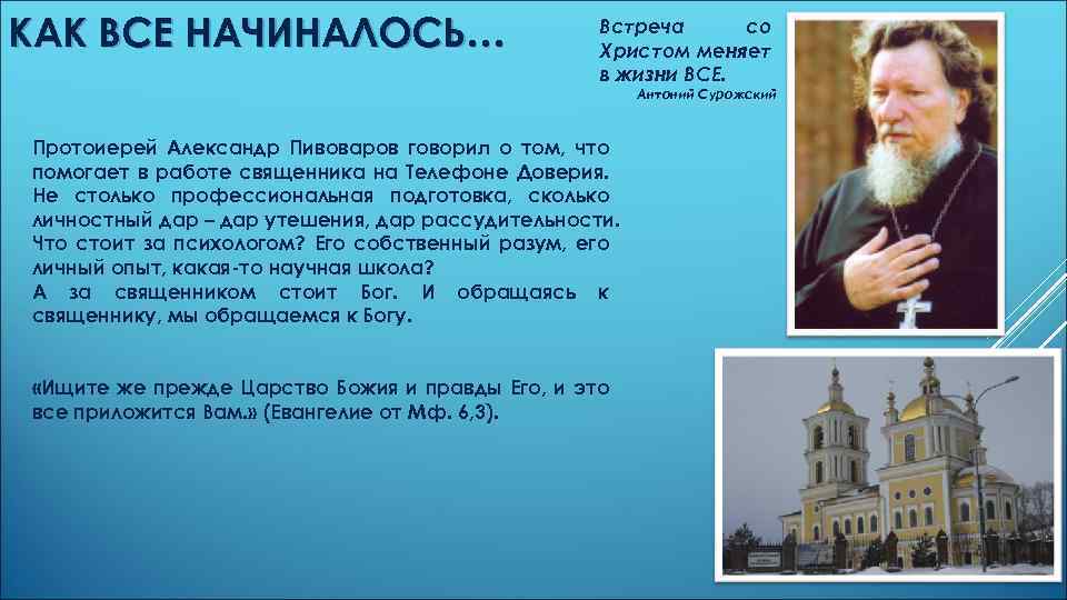 КАК ВСЕ НАЧИНАЛОСЬ… Встреча со Христом меняет в жизни ВСЕ. Антоний Сурожский Протоиерей Александр