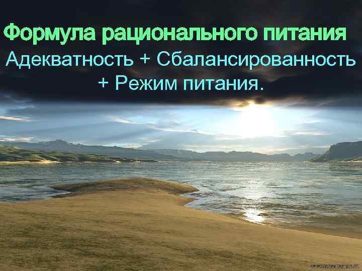 Формула рационального питания Адекватность + Сбалансированность + Режим питания. 