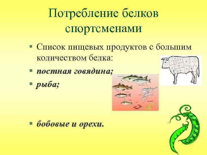 Потребление белков спортсменами § Список пищевых продуктов с большим количеством белка: § постная говядина;