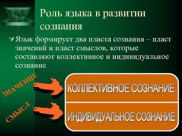Роль языка в развитии сознания Ú Язык формирует два пласта сознания – пласт значений