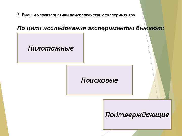 2. Виды и характеристики психологических экспериментов По цели исследования эксперименты бывают: Пилотажные Поисковые Подтверждающие