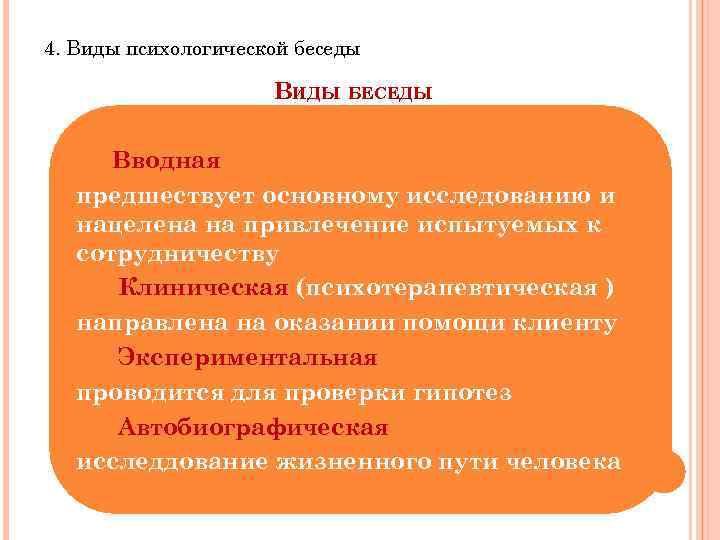 4. Виды психологической беседы ВИДЫ БЕСЕДЫ Вводная предшествует основному исследованию и нацелена на привлечение