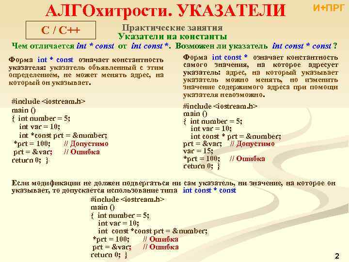 АЛГОхитрости. УКАЗАТЕЛИ C / C++ И+ПРГ Практические занятия Указатели на константы Чем отличается int