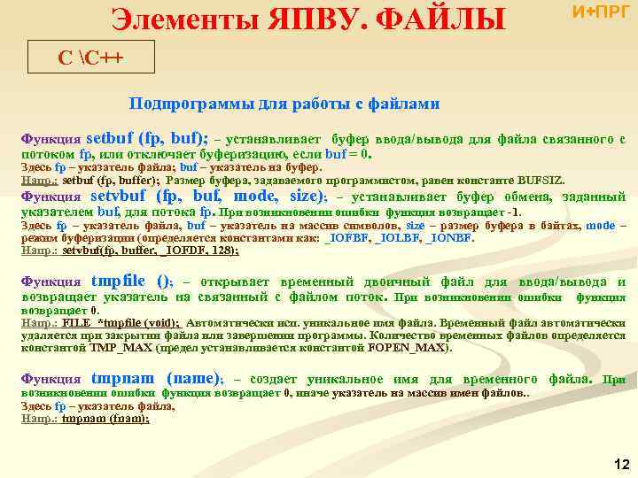 Элементы ЯПВУ. ФАЙЛЫ И+ПРГ C С++ Подпрограммы для работы с файлами Функция setbuf (fp,