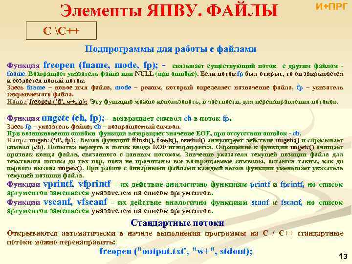 Элементы ЯПВУ. ФАЙЛЫ И+ПРГ C С++ Подпрограммы для работы с файлами Функция freopen (fname,